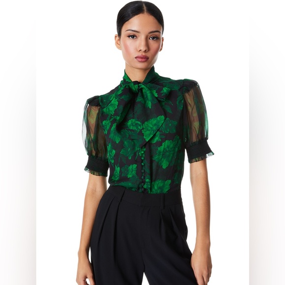 Alice + Olivia Tops - NWOT ALICE + OLIVIA BRENTLEY TIE NECK PUFF SLEEVE BLOUSE IN DREAM FLORAL EMERALD